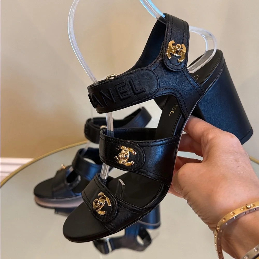CHANEL Black leather logo Gold Turn-lock heeled sandals size 36.5 - Picture 9 of 17